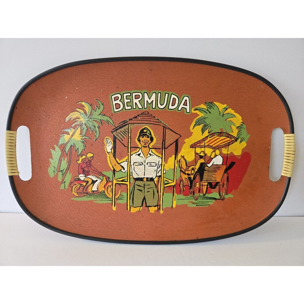 Vintage MCM Bermuda Souvenir Serving Tray Orange Fiberboard Bamboo Handle Retro